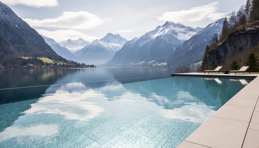 Infinity pool at Hotel Villa Honegg with view of Lake Lucerne and snow-capped Alps