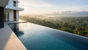 Infinity-edge luxury swimming pool with water merging into the horizon above a dense green jungle canopy at golden hour