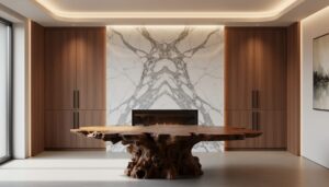 Opulent dining interior featuring book-matched Calacatta marble veining, custom walnut millwork, and a carved walnut burl dining table under sculptural concealed lighting.