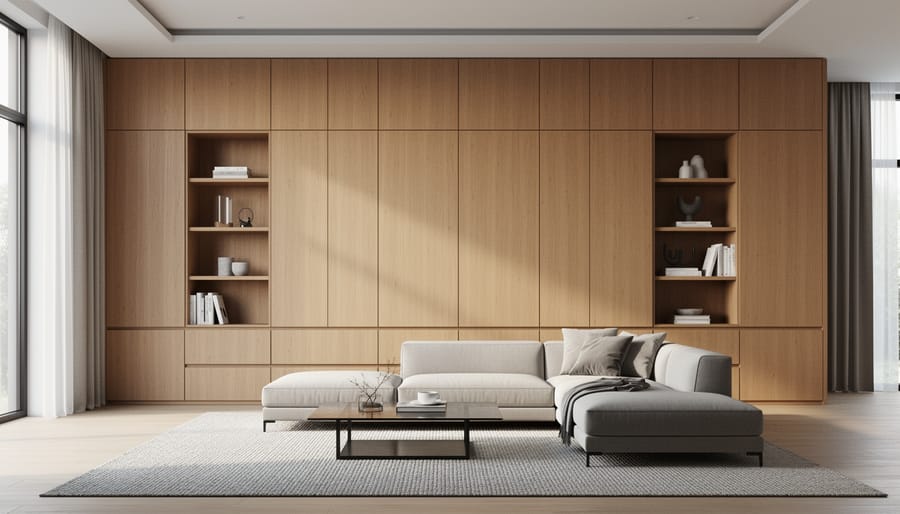 Luxury living room with floor-to-ceiling bespoke wood paneling and integrated built-in seating