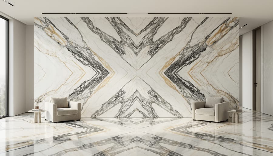 Luxury marble accent wall and countertop with polished stone veining