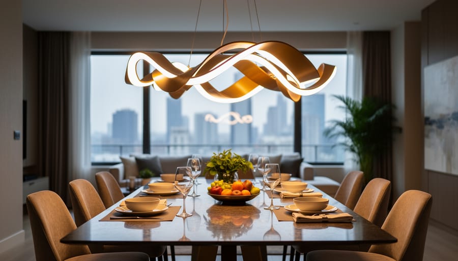 Opulent chandelier and layered pendant lights in a luxury dining room