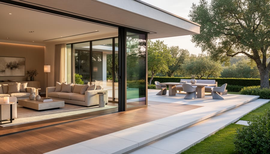 Luxury indoor-outdoor living area with elegant seating and seamless transition to greenery